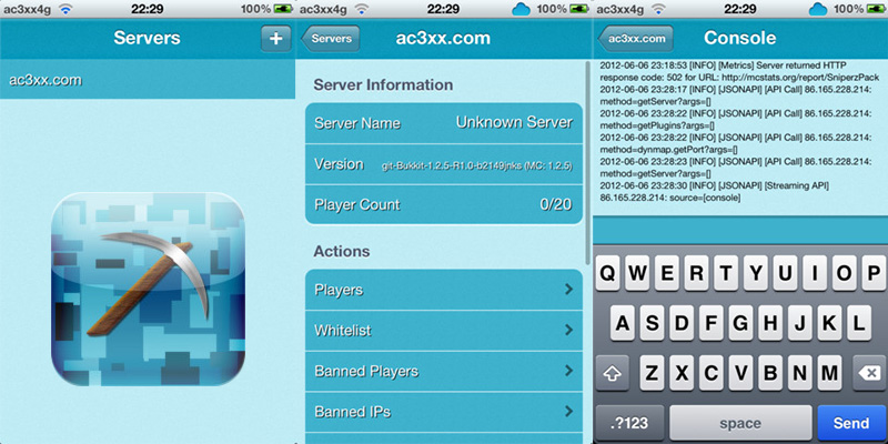 MineControl is a Bukkit MineCraft server control app for iOS.